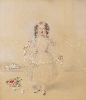 Mid 19th century English School, Full length portrait of a young girl with flowers, pencil and heightened watercolour, 28 x 24cm, ornate gilt frame